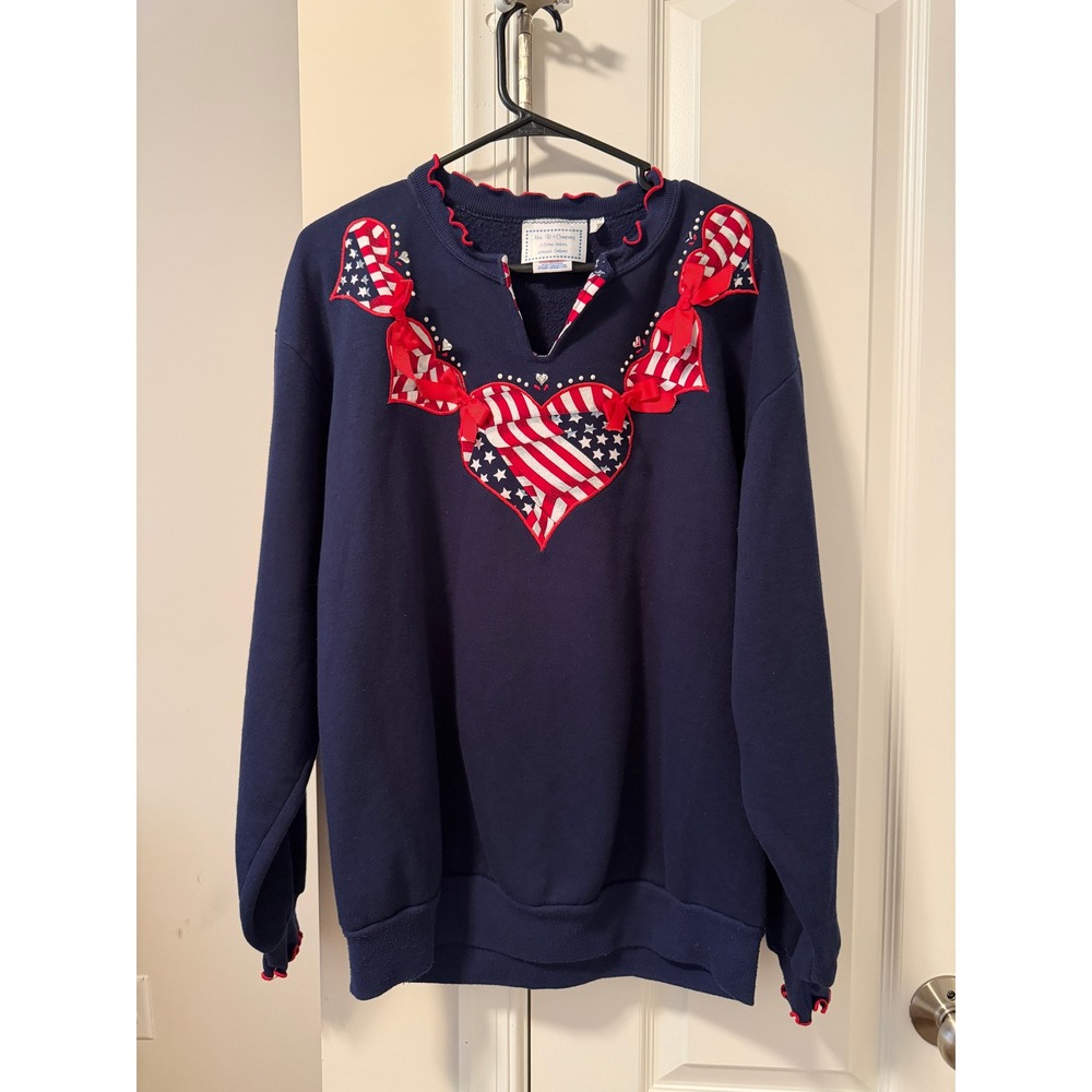 Vintage Mrs B & Company Patriotic Heart Sweatshirt Navy Blue USA Flag Large